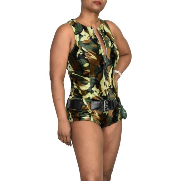 Lip Service Romper Green Vintage One Piece Furry Plush Bodysuit Camo Size Small - Picture 3 of 15
